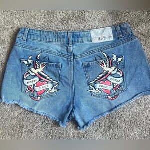 Ed Hardy Blue Denim Shorts with Red & White Pocket Swallow birds